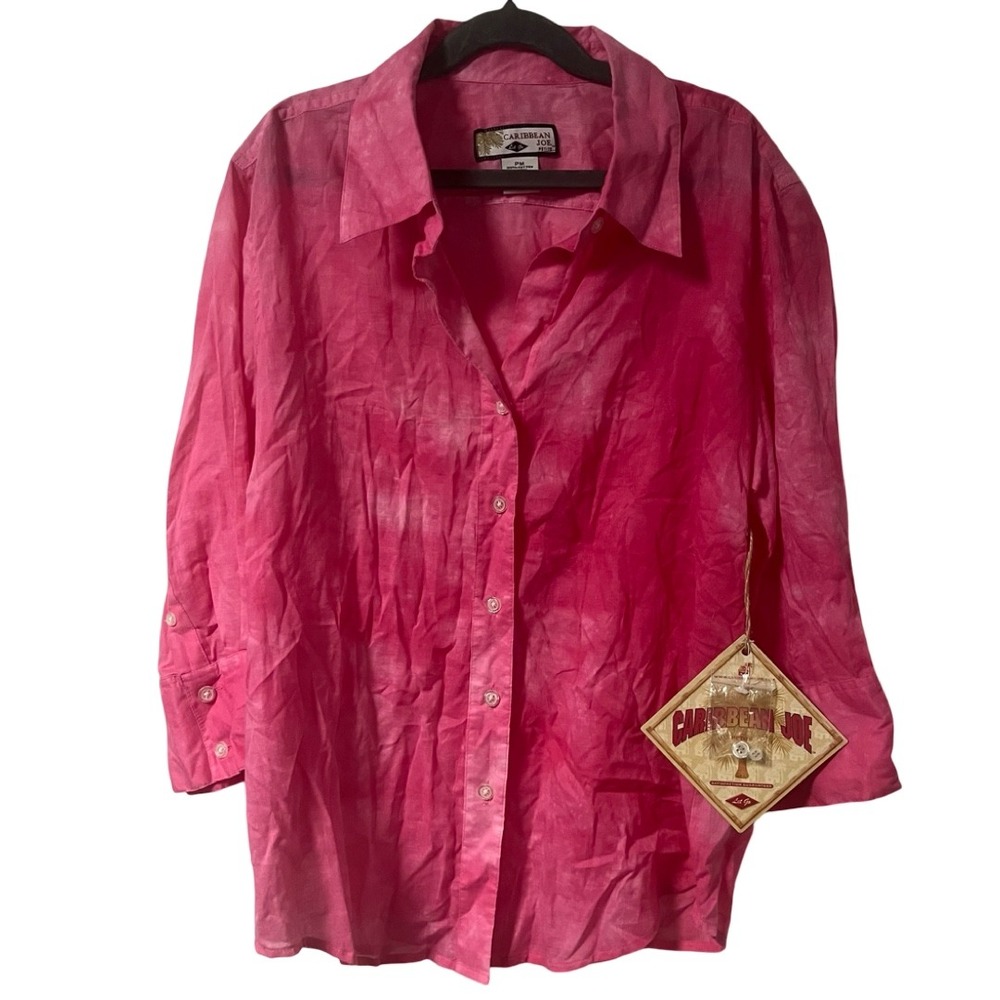NWT Caribbean Joe Petite Medium Hot‎ Pink Tie Dye 3/4 Sleeve Button Up Shirt